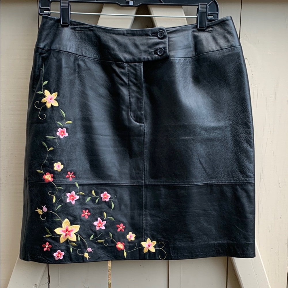 Alfani Black Leather Skirt with Embroidered Detail
